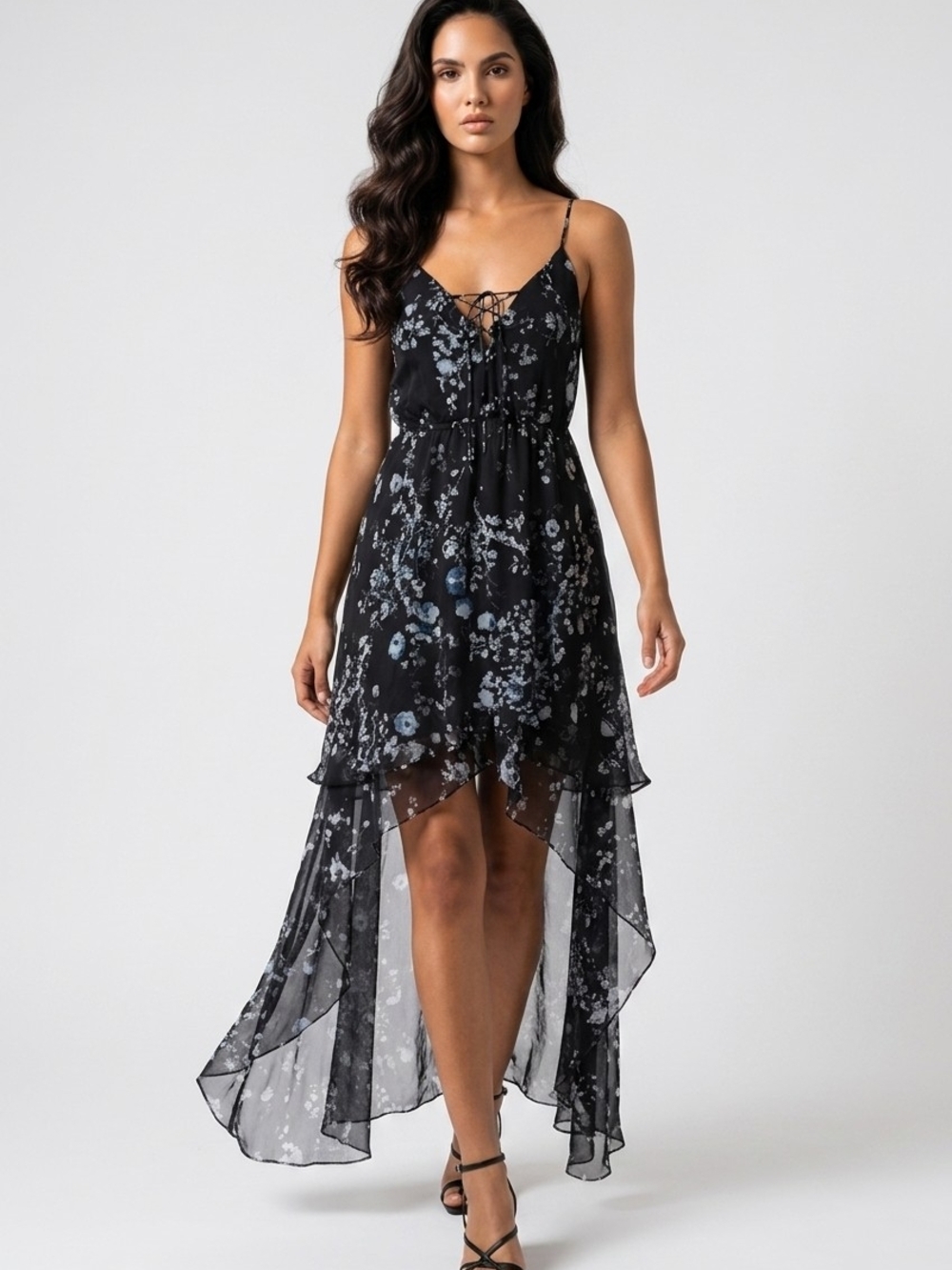 The Jetset Diaries Black Floral Lace-Up High-Low Maxi Dress